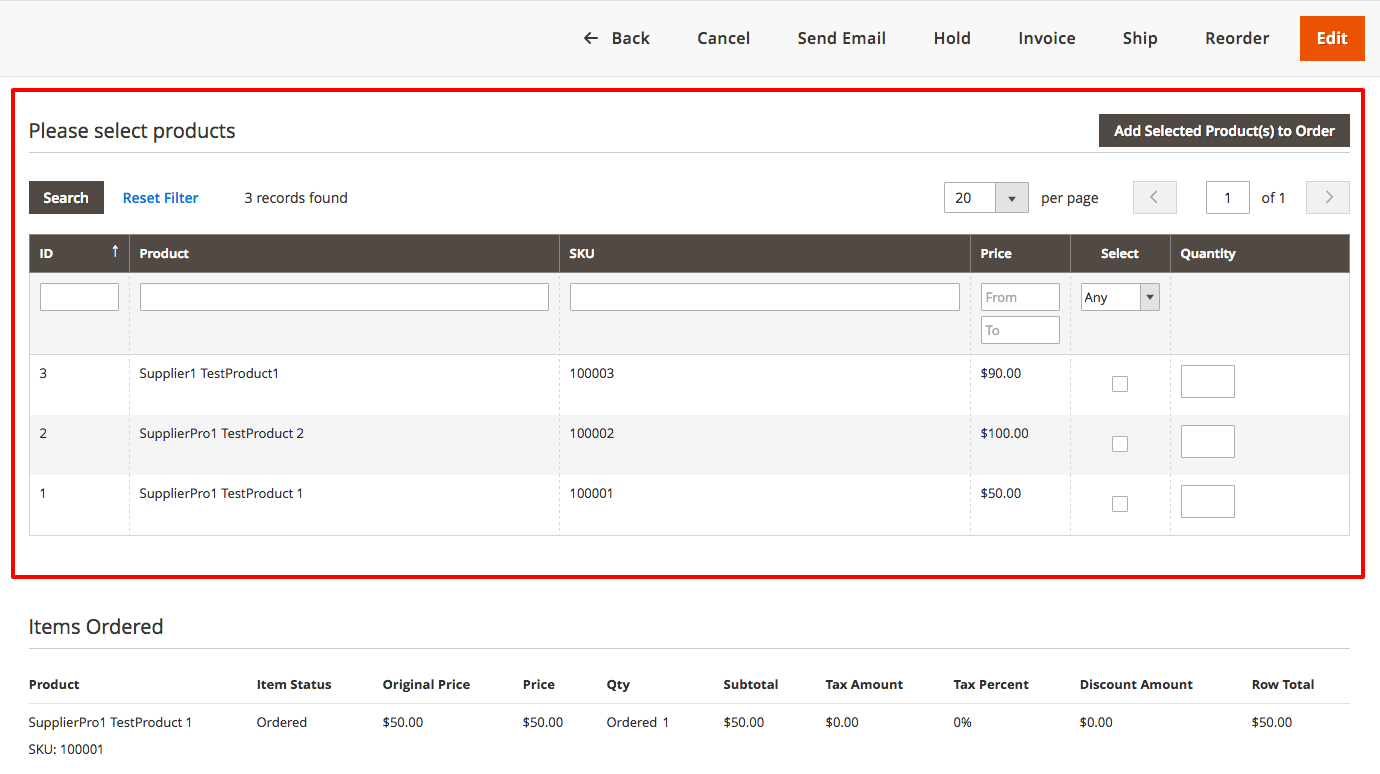 Editing the product list in an existing order. The widget at the bottom allows the admin to add new items.