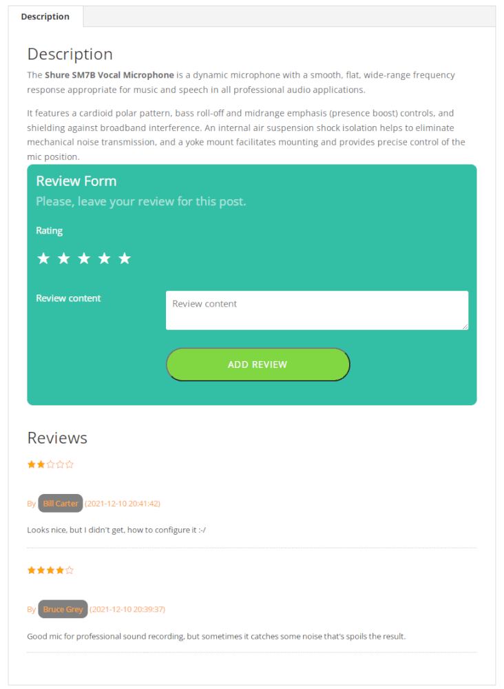 The Reviews Form and Reviews Under On the WooCommerce Product Page