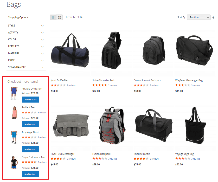 Showing the sidebar block with related products on the catalog page