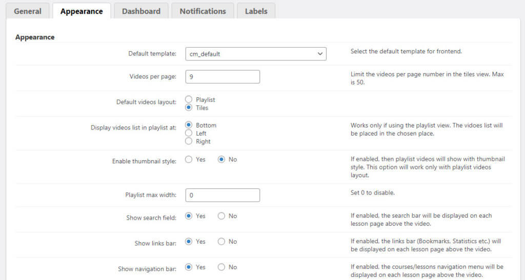 Video Lessons Manager - Appearance Settings