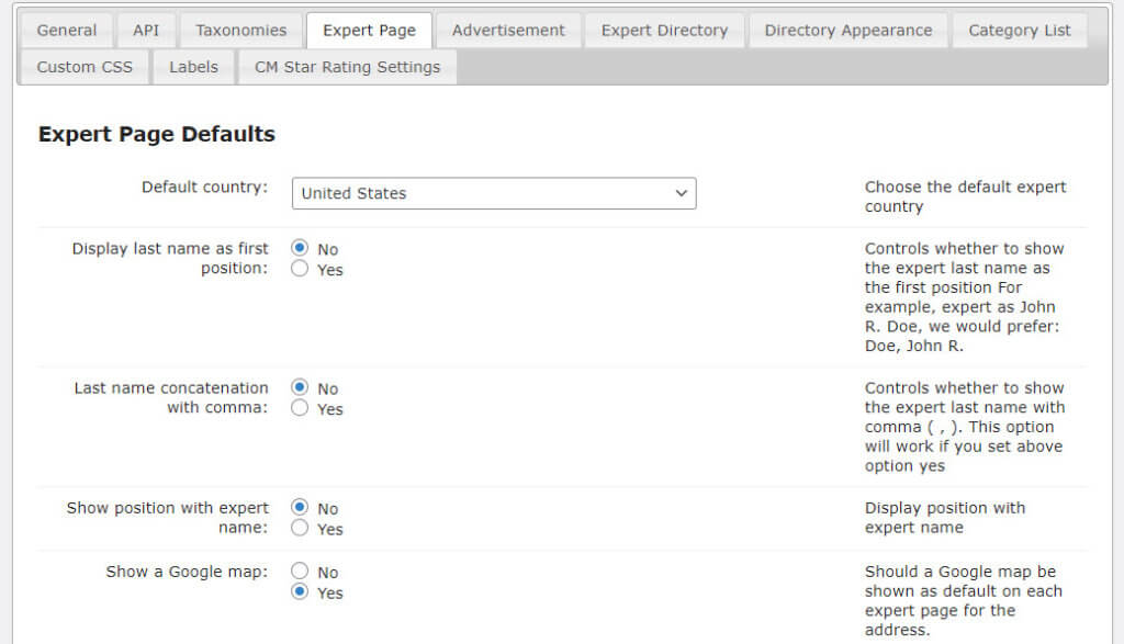 Member and Expert Directory Plugin - Expert Page Options