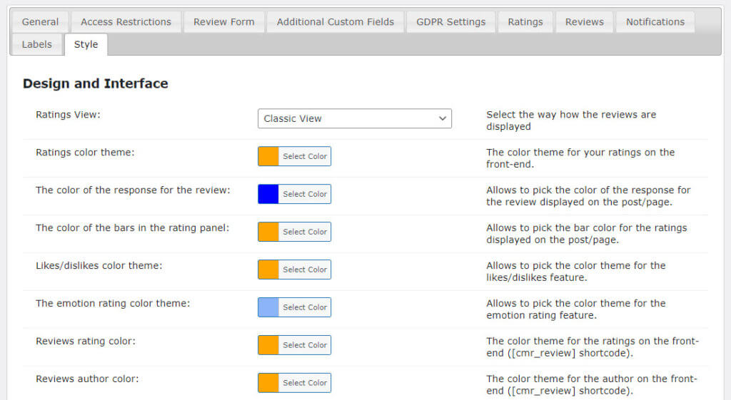 CM Review and Rating - Style Setting Options