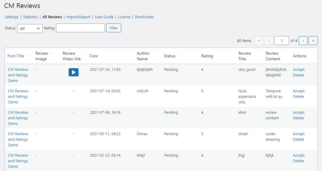 CM Review and Rating - View of Reviews in the Back-end