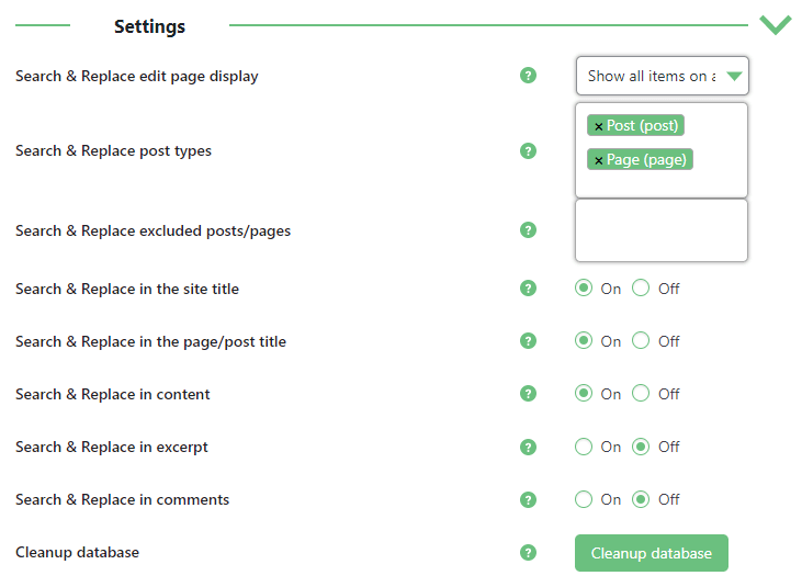 Settings Screen Allowing targeting of Specific Posts and Post Elements