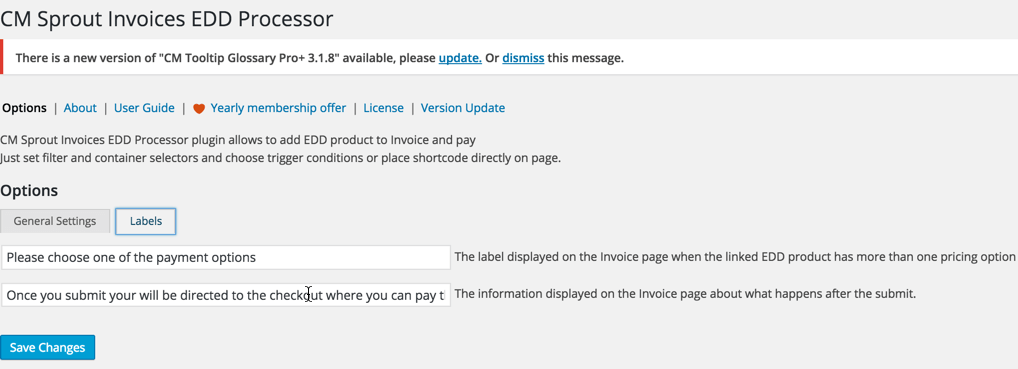 Sprout EDD Invoices Labels Settings