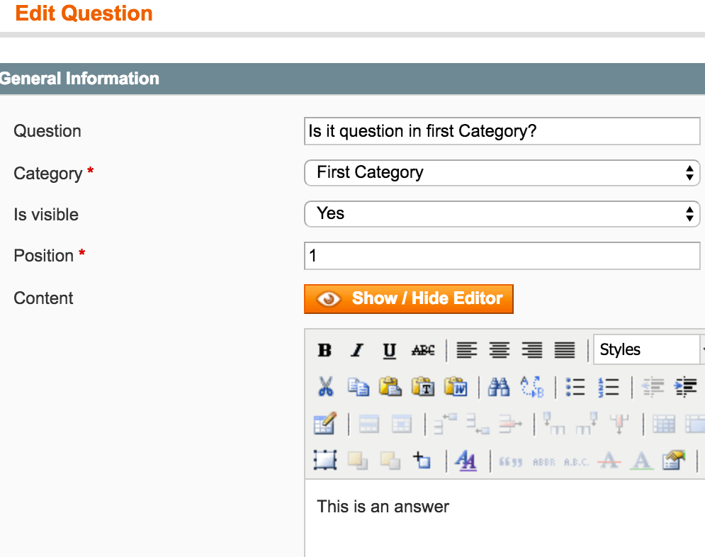 The Edit FAQ Question page from the admin dashboard 