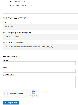 Showing the bottom of the product page with question form and already answered questions