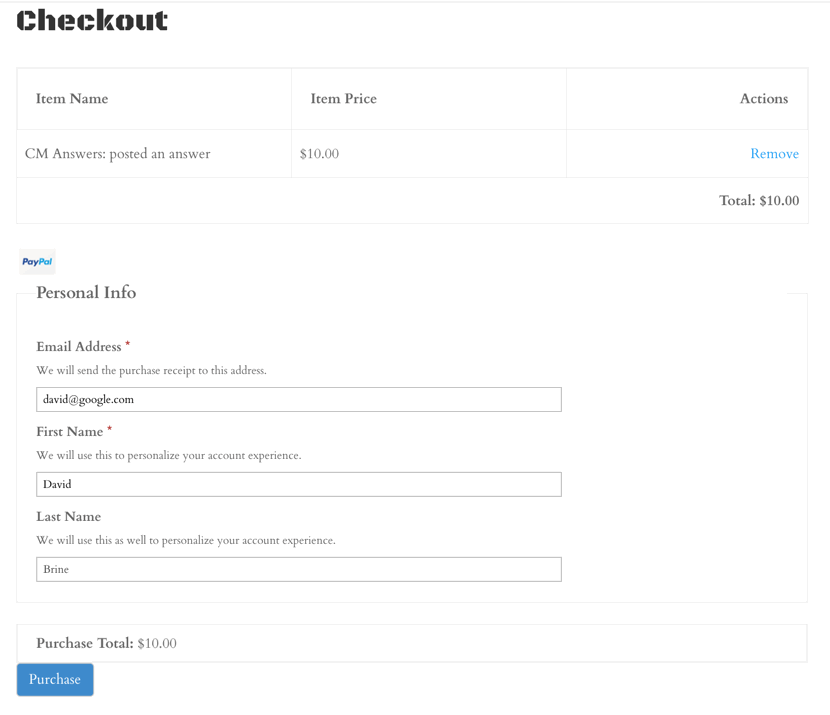 Cart showing payment for posting a question