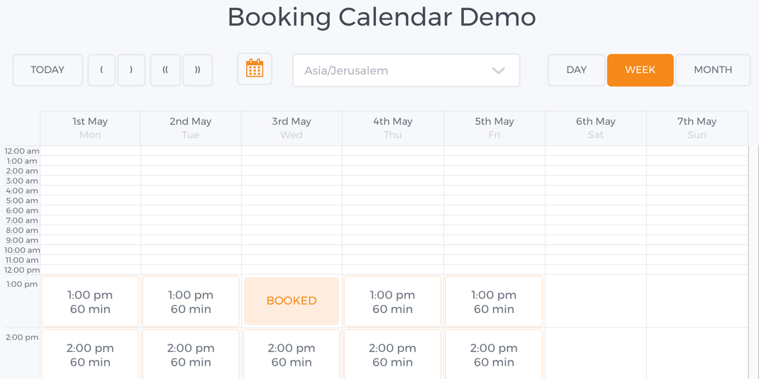 Example of the calendar on the front-end - WordPress Plugin for Scheduling Consultations