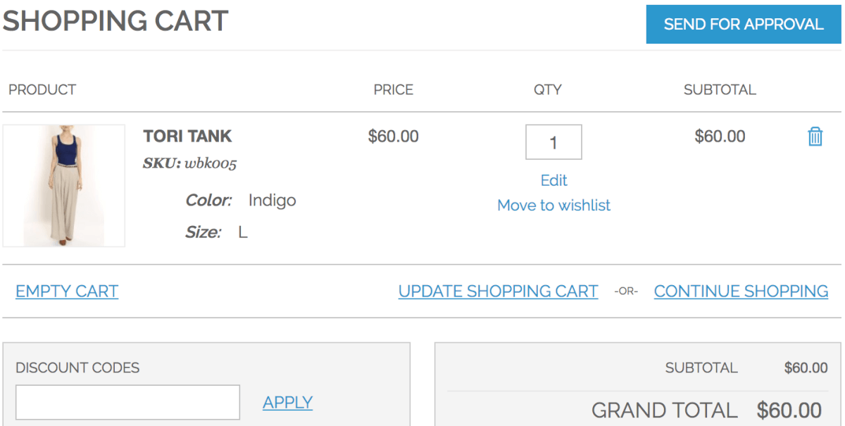 Subaccount user with items added to cart but who must send cart for approval as they don't have the required permission to complete the purchase