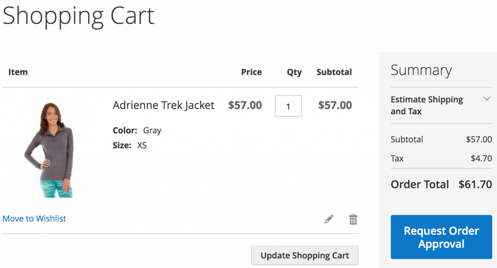 Subaccount user who has added items to the cart, but must send cart to the designated order approval account for approval to make a purchase