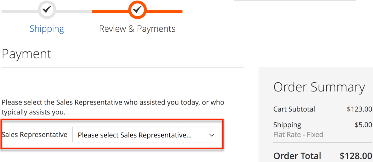 Checkout screen showing ability to select a sales rep