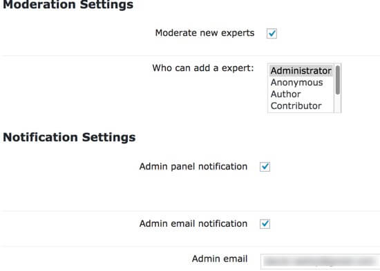 Setting screen showing part of the moderation and notification settings