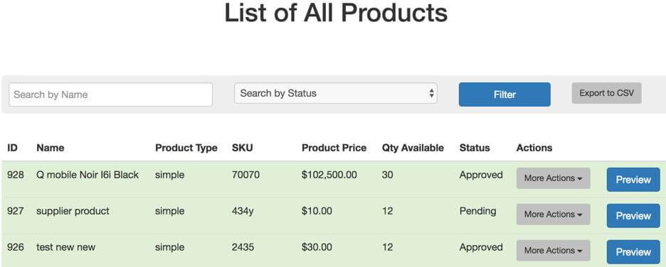Frontend dashboard grid showing all vendor products