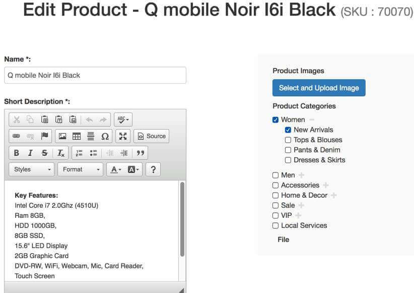 Edit screens showing part of vendor product editing screen