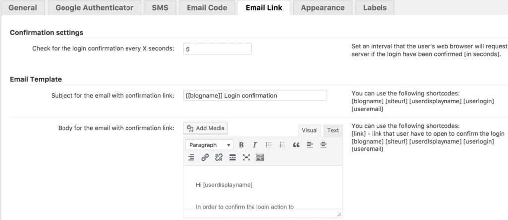 Secure Login Email link settings