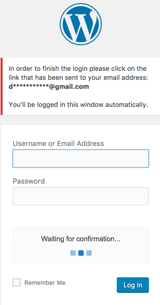 The WordPress login screen which includes an additional step for email verification 