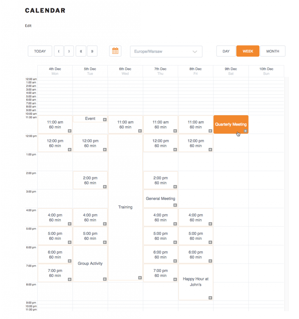 Front-End view of the Calendar with group meetings. Hovering the mouse over an event highlights it