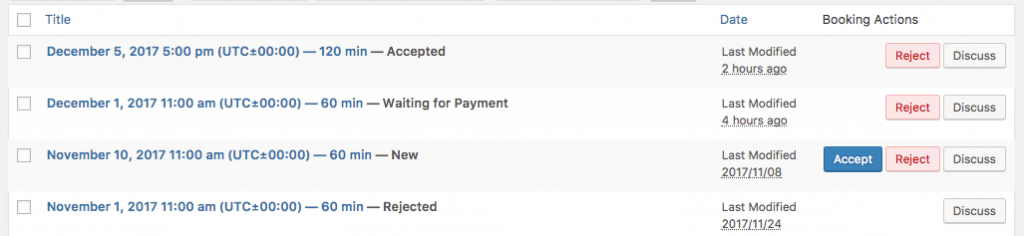 Back-End: Bookings can be "New", "Awaiting Payment", "Accepted" or "Rejected"