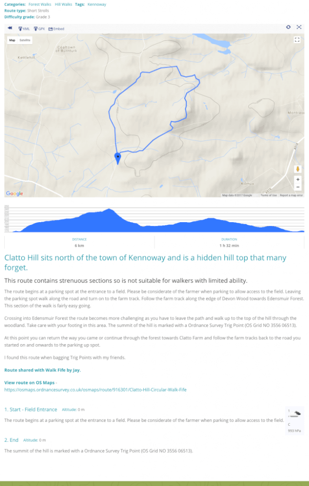 This full route view shows map, elevation graph, route information, and description - How Routes Manager Helps Him Building a Hiker Community in Scotland
