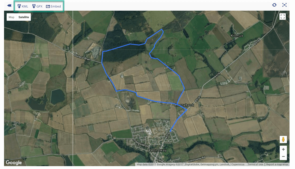 Route map with Satellite View. The maps also have buttons for sharing the route or downloading it as GPX or KML, as highlighted - How Routes Manager Helps Him Building a Hiker Community in Scotland