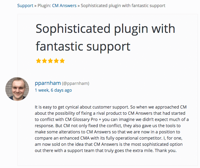 User reviews CM Answers on wordpress.org