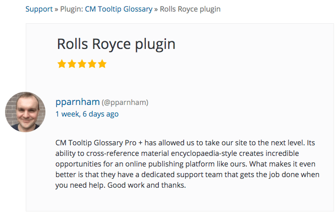 User reviews Tooltip Glossary on wordpress.org