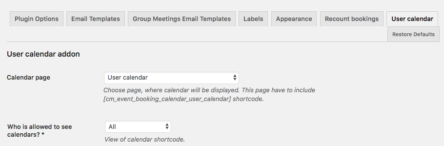 User Calendar Add-on - Booking Information - Add-on Settings 1/2