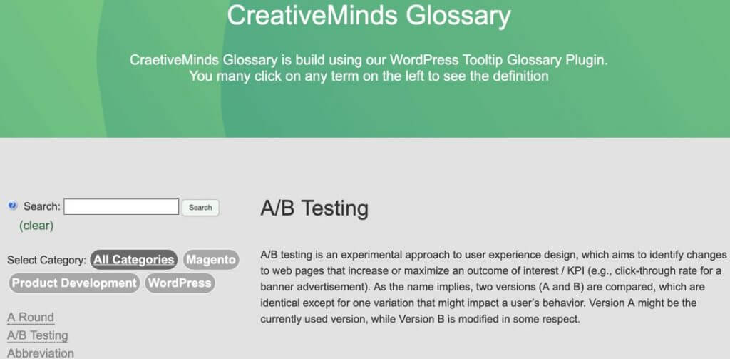 Tooltip Glossary - Example of the Tooltip Glossary Index Page - The 5 Best Tooltip Glossary Plugins To Explain Terms In WordPress