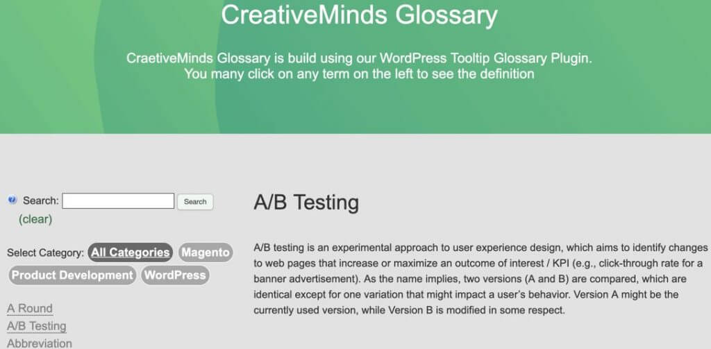 Tooltip Glossary - Example of the Tooltip Glossary Index Page - Choosing the Right Tool: A Guide to the 5 Best Glossary Plugins for WordPress