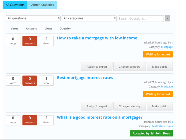 Admin Dashboard - Questions List - How to Create an Amazing Ask the Expert System in WordPress