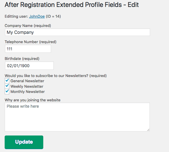 Admin editing the extended profile fields of a user