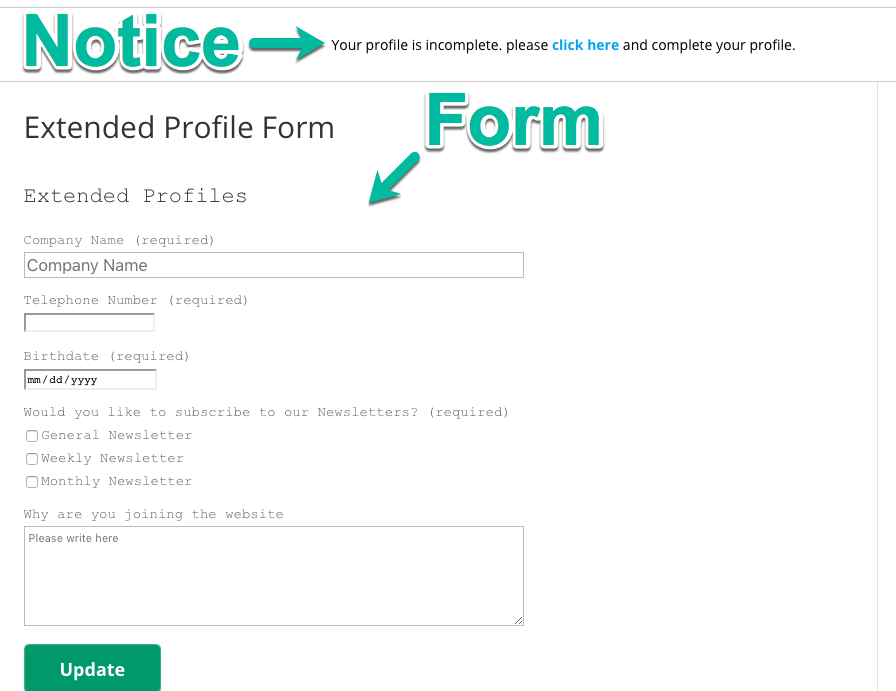 Page with the notice and the form, both highlighted here