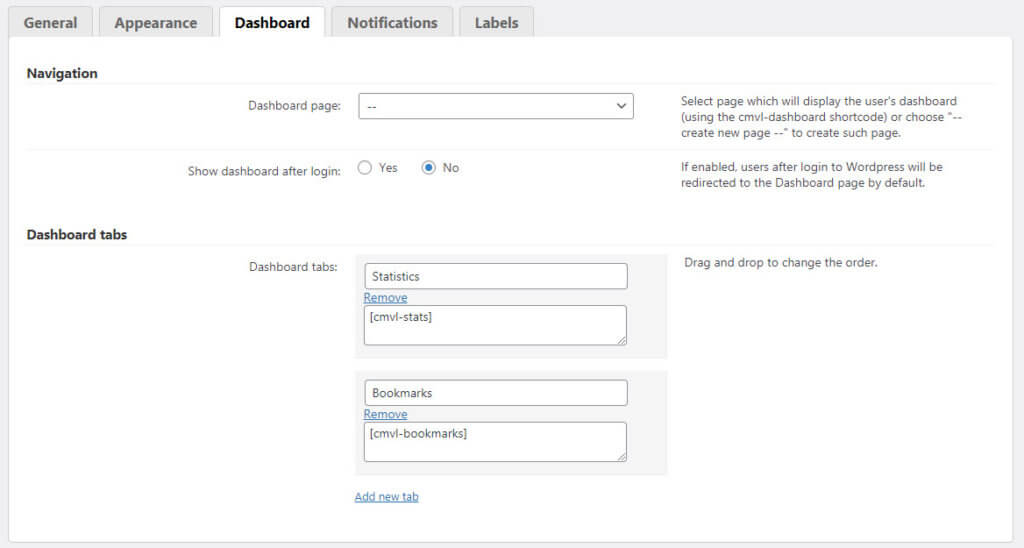 Screenshot of the dashboard settings for CM Video Lessons Manager 