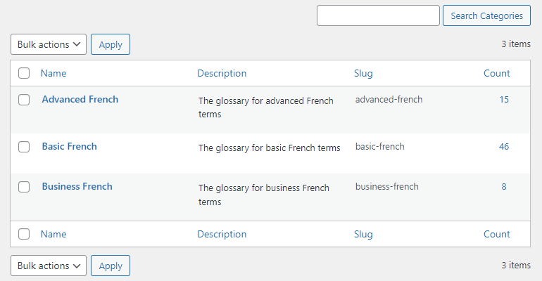 Creating glossary categories