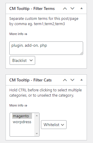Adding terms in categories in white and blacklist