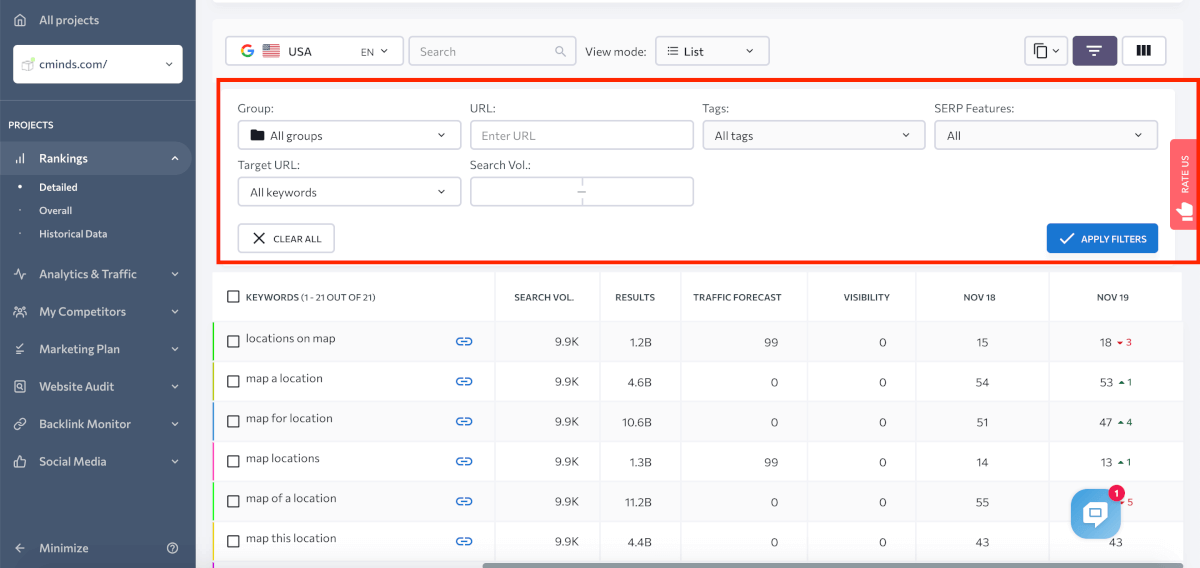 Screenshot showing how to filter keywords with SE Ranking Tracker