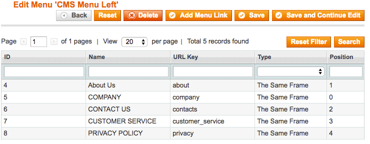 Showing the admin menu configuration screen for managing links in a specific menu
