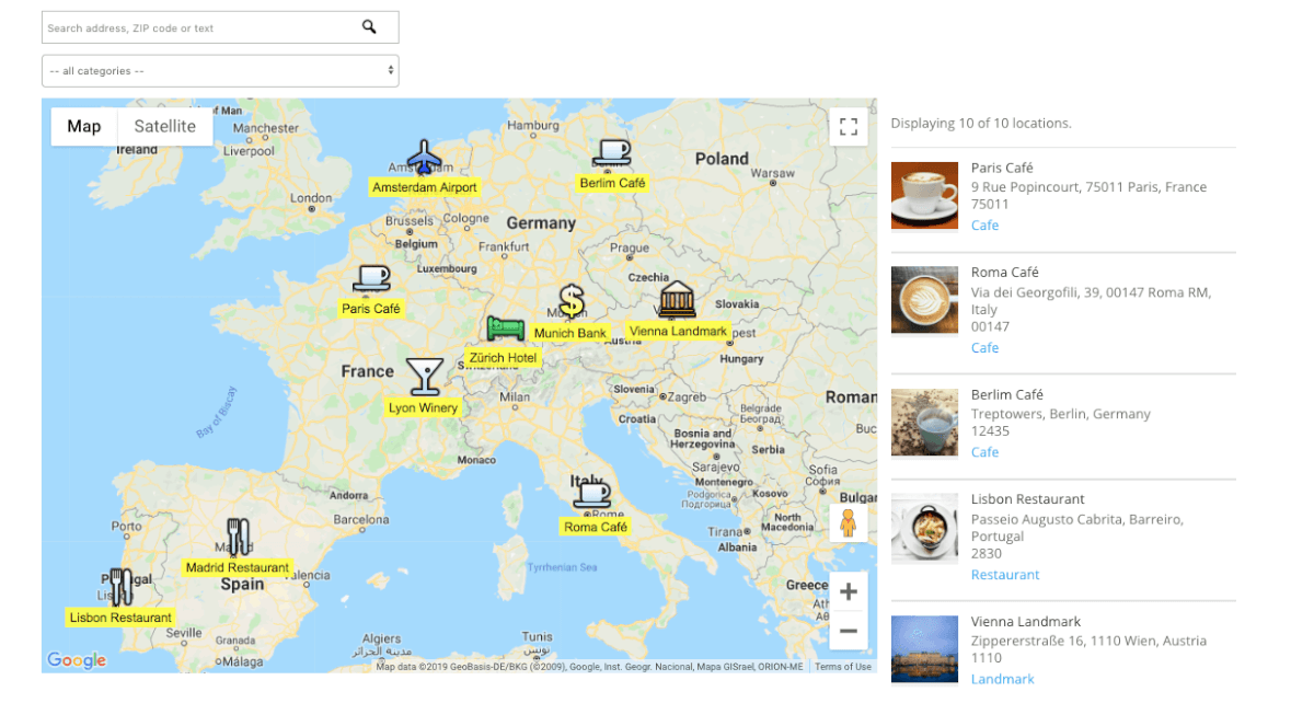 Example Map with Cafes, Restaurants, Banks, Landmarks and Hotels