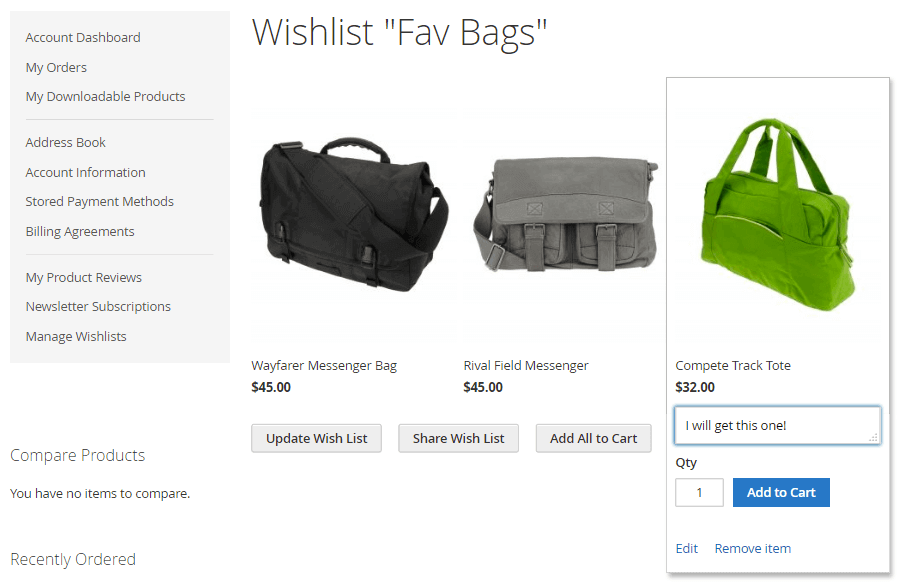 Customer view of their wish list where they can directly move a wishlist to cart