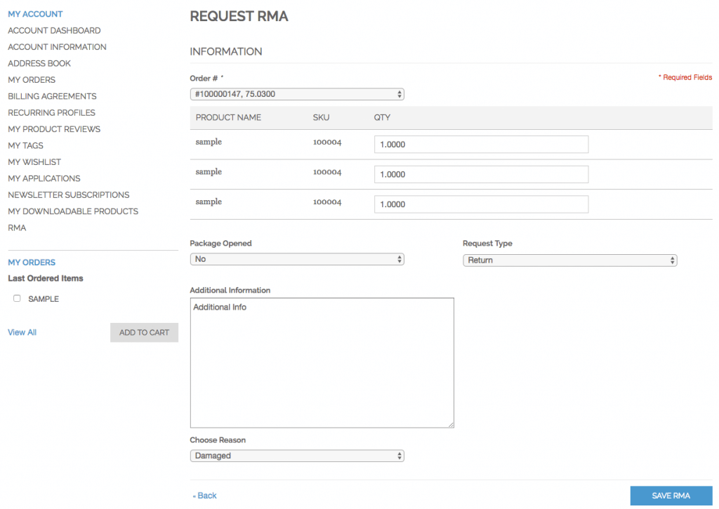 RMA request form on customer account