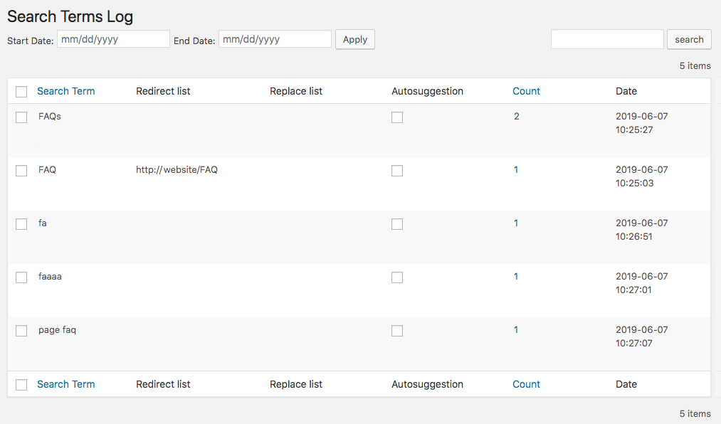 Search Tools - Search Terms Log