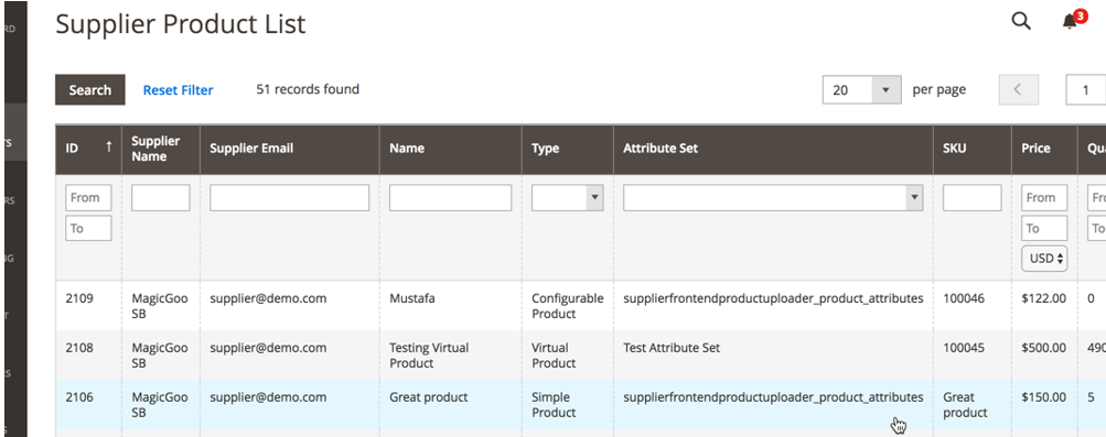Image of a supplier's product list from the CreativeMinds supplier front-end dashboard extension for Magento - The Ecommerce Advantages of a Good Front-end Dashboard You Can’t Ignore