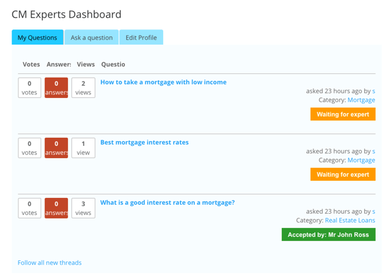 User Dashboard - User Posted Questions - answer plugin - question answer - question and answer plugin - WordPress forum plugin