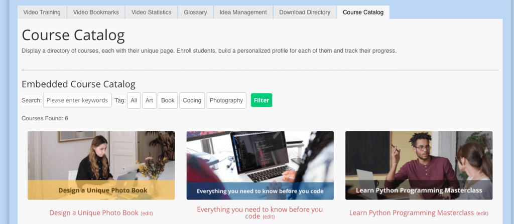 Course Catalog as part of the Video Lessons Dashboard - How To Sell And Track Your Video Courses Online