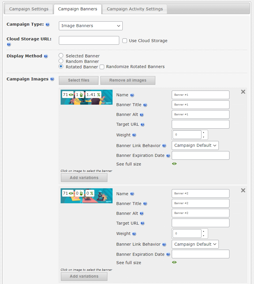 Campaign Banner Ad Setting Screen