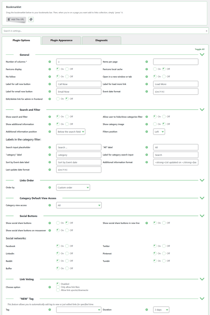 General plugin settings for curated lists