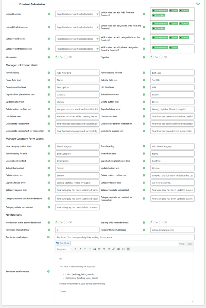Settings for front-end submissions in curated list