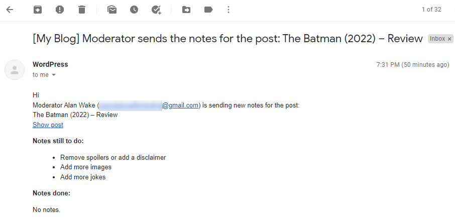 Example of Email Notification to Author