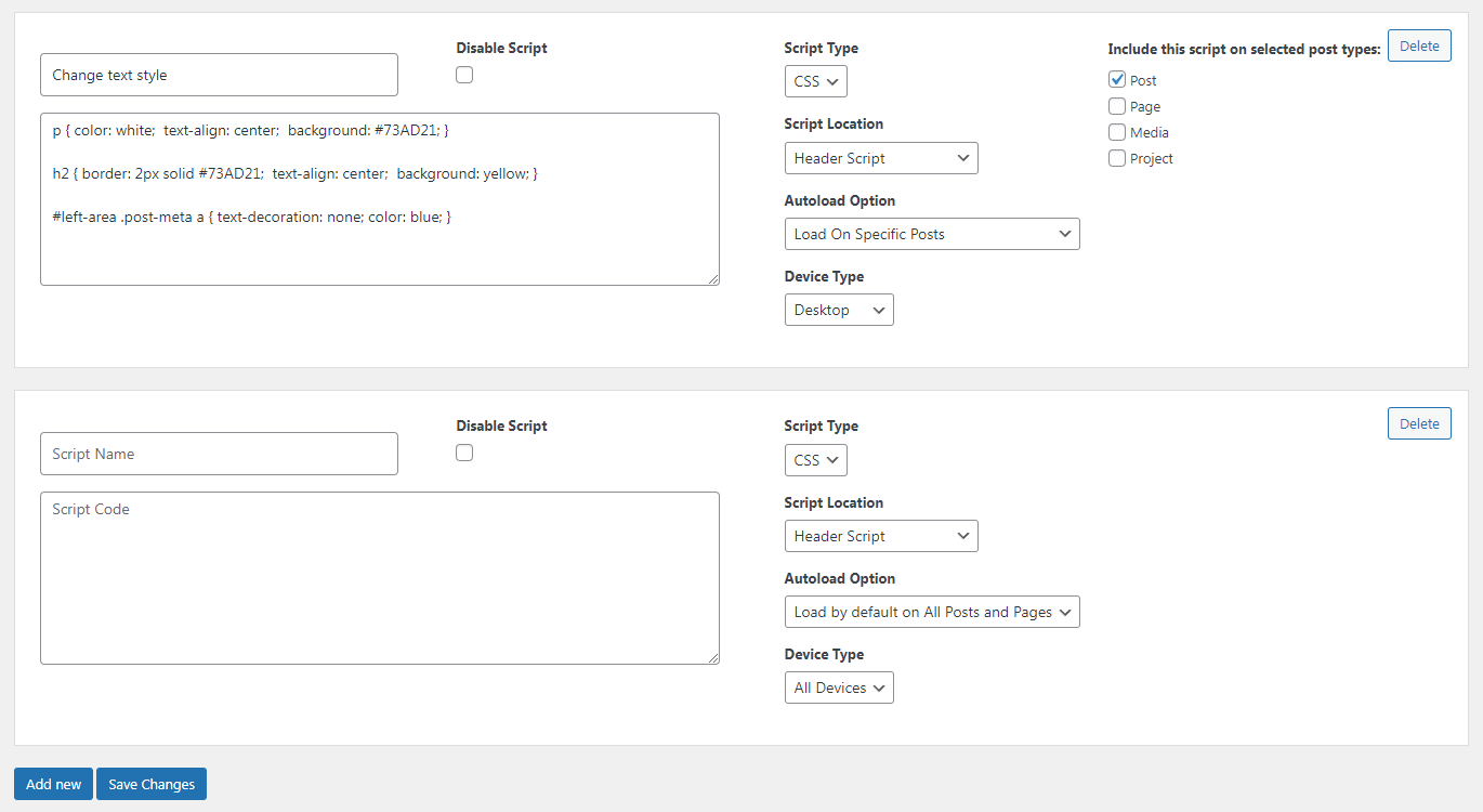 Setting screen showing specific script settings